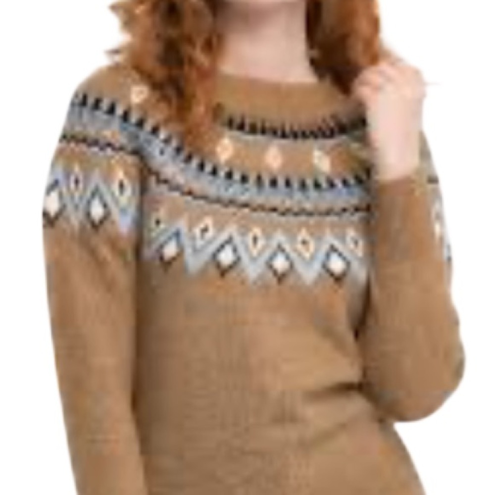 RICKIS Fair Isle Pattern Mock Neck Sweater Camel Tan Blue Wool Blend Size L